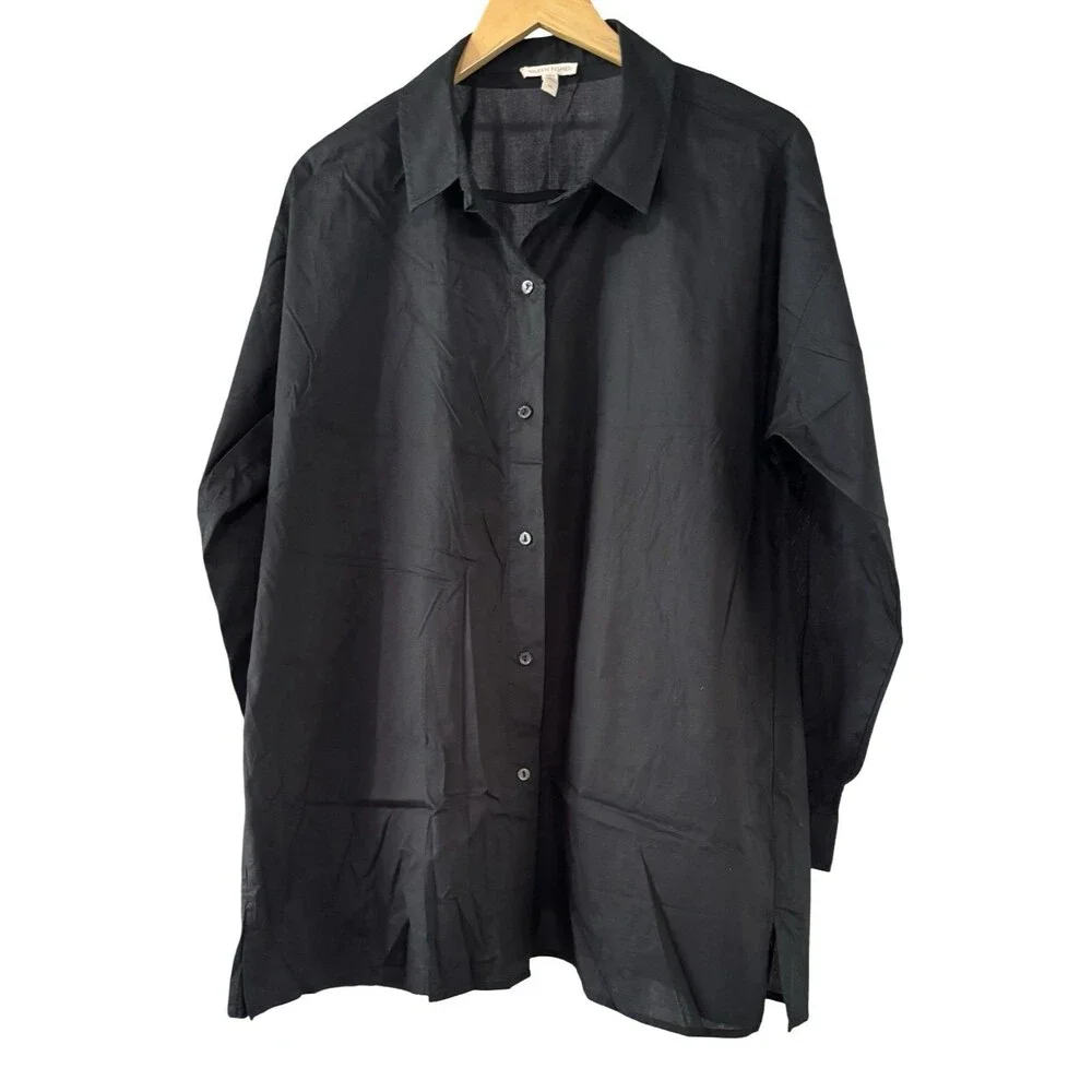Eileen Fisher Washed Organic Cotton Poplin Tunic Button Down Black Shirt Large